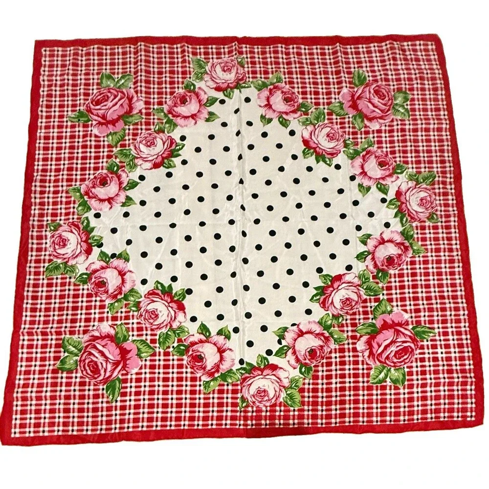 VTG 100% Silk Scarf Red Black White Polka Dot Floral Square 30” Hand Rolled